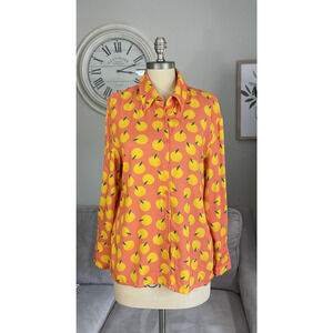 Womens Oranges Pattern Long Sleeve Button Down Shirt SHEIN Size S Orange-Yellow